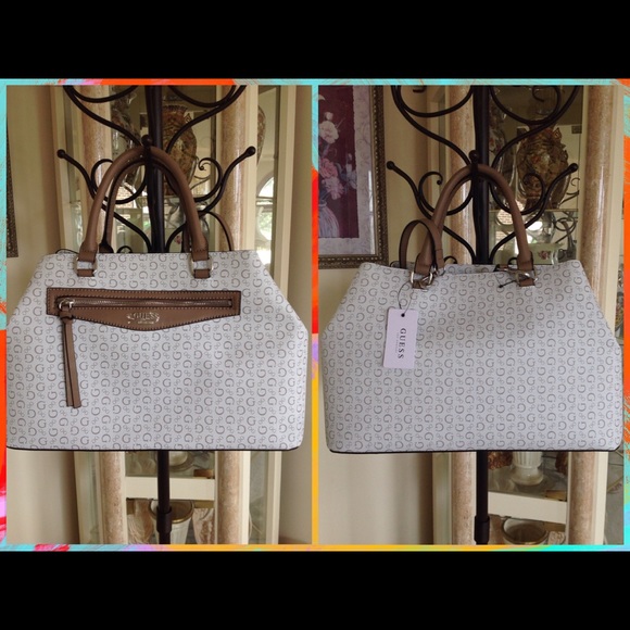 NWT GUESS TAN & OFF-WHITE LEATHER SATCHEL HANDBAG - Picture 2 of 4